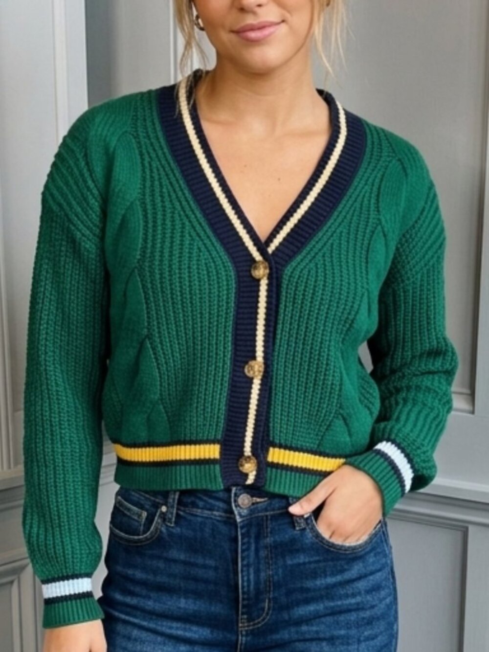 Almost Famous Varsity Collegiate Green Cable Knit Cropped Cardigan
